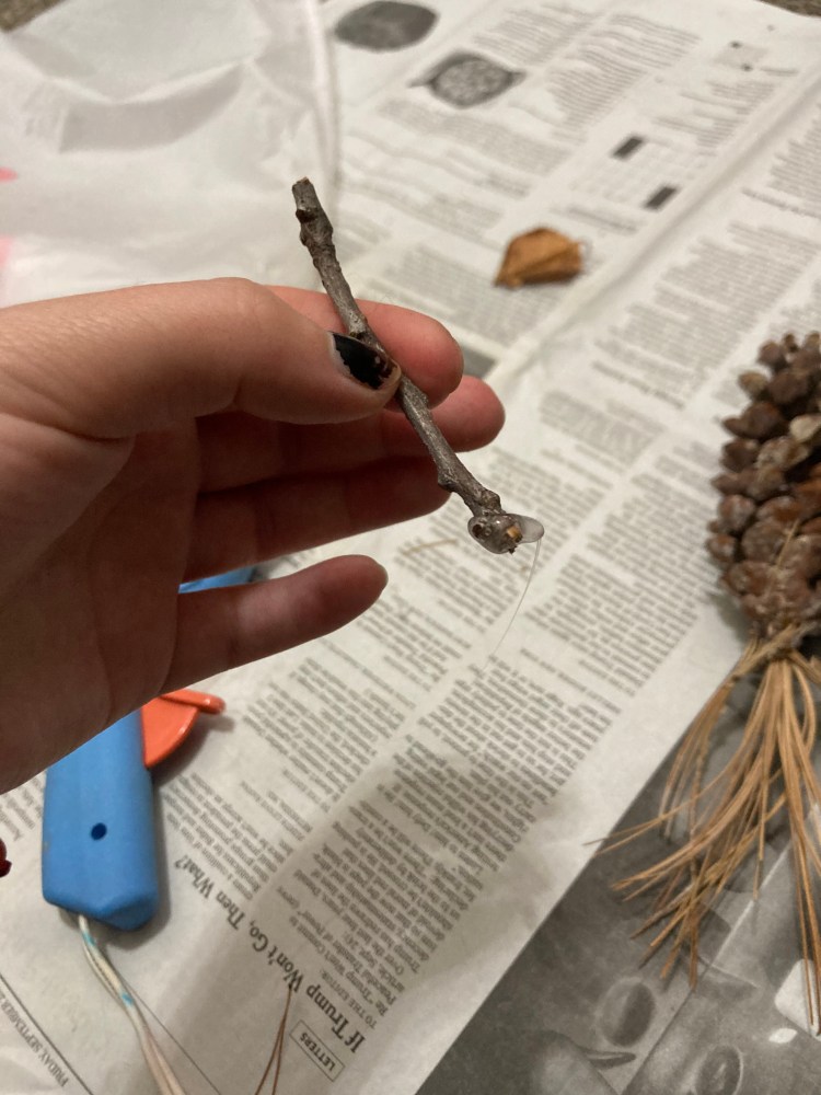 Take a twig & put a decent sized ring of glue around one end of the twig.