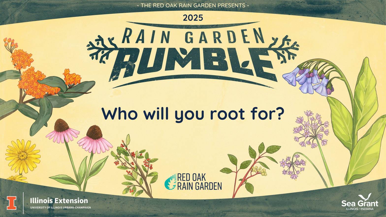 Rain Garden Rumble 2025: who will you root for? Graphic includes botanical drawings of native plants. Logos include University of Illinois Extension, Red Oak Rain Garden, and Illinois-Indiana Sea Grant.