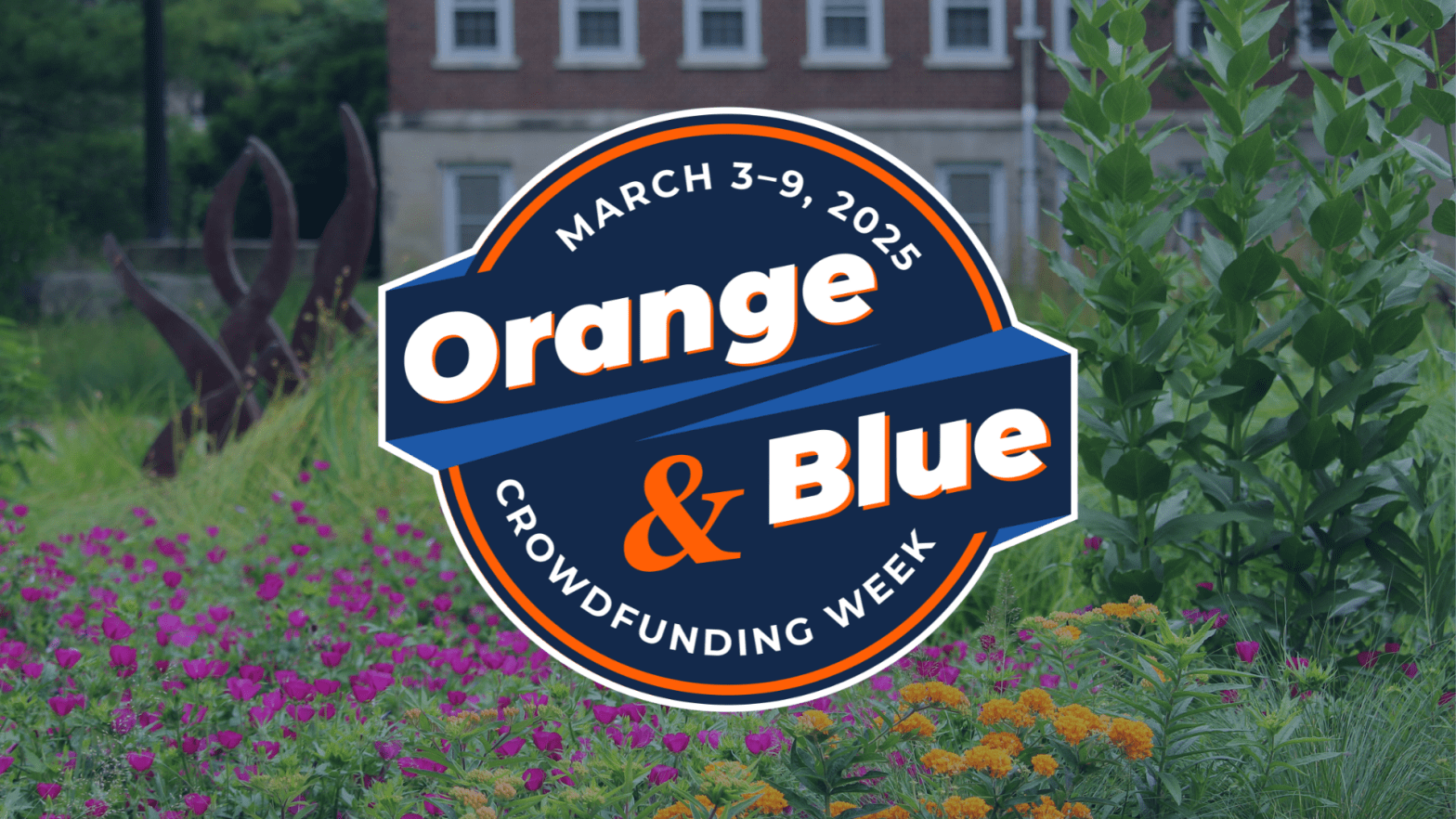 Orange & Blue Week graphic with the Red Oak Rain Garden in the background.