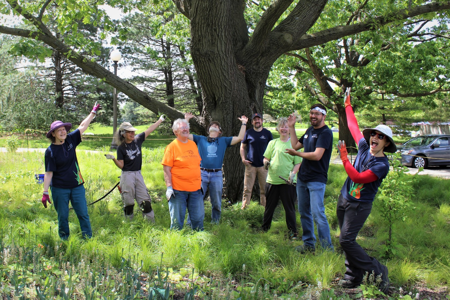 Staff and volunteers pointing to the red oak in celebration.