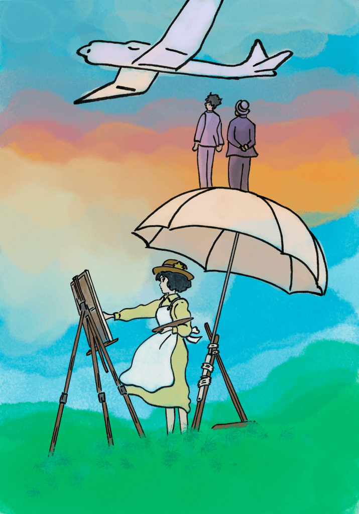 Two people looking an airplane in the sky while a person in a dress paints on an easel