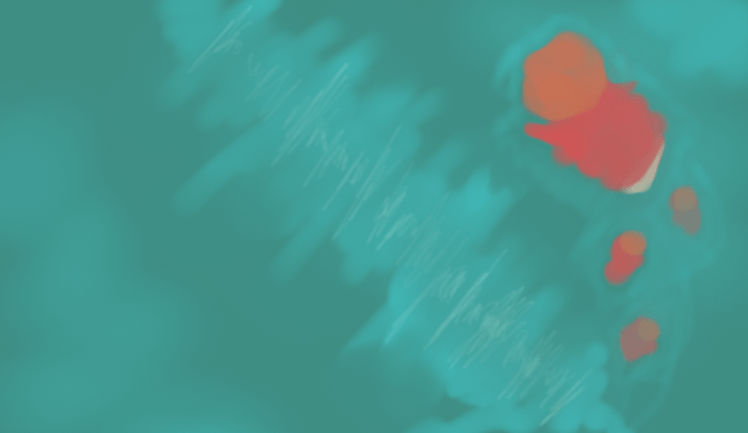 Blue green background with a large orange shape and 3 smaller ones below it. 